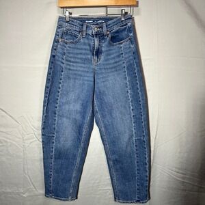Old Navy High Rise Barrel Leg Jeans Women's 0 Cropped Curved Taper Denim Blue